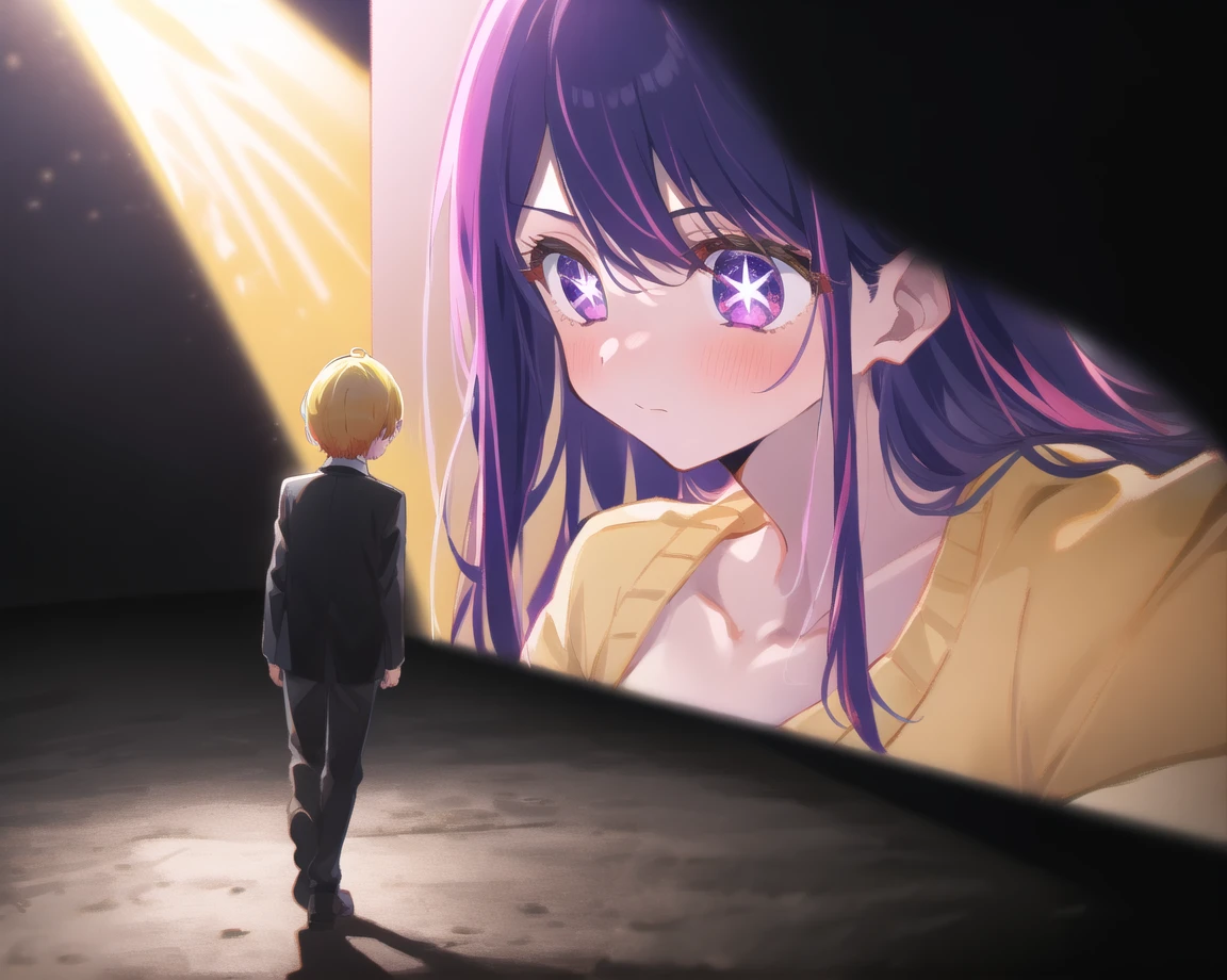 HoshinoAi; Aquamarine; fanart; 1boy, 1girl, dark, light, shadow, chasing, from side,
collared shirt, purple hair, long hair, shirt, white shirt, blurry, necktie, red necktie, blush, yellow sweater, parted bangs, collarbone, blonde hair, sidelocks, hair between eyes, short hair, mother and son, screens
ADDBASE
Aquamarine; 1boy, reaching arm, in the dark, from behind, short hair, looking at, reaching hand, hugging, (closed mouth:1.2), from behind, spotligt,
ADDCOL
HoshinoAi; 1girl, spotlight, from side, closed mouth, expressionless, looking at another, looking up
<lyco:oshinoko-s1-step-60000:1.0>