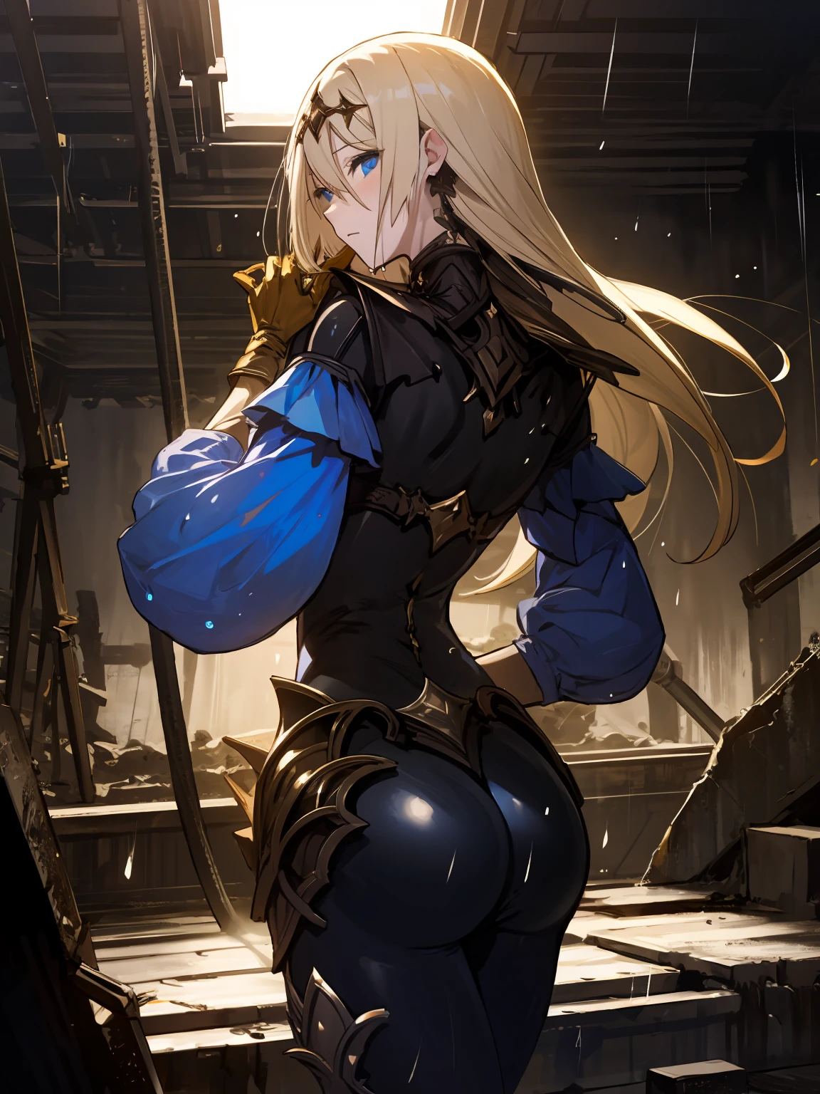 masterpiece,best quality,highres,cinematic lighting,dramatic angle,<lora:ShadowverseTetraV3-000018:0.75> ,1girl,blond hair,long hair,hair ornament,blue eyes,black bodysuit,blue sleeves,armor,gold-trimmed,gold gloves,see-through,mecha musume,rain,(monochrome:1.1),glowing,sad,raindrops,in ruins,wet,sweat,depth  of field,holding,weapon,stranding,looking back at viewer,turning head,adjusting hair,blue skirt,from behind,ass