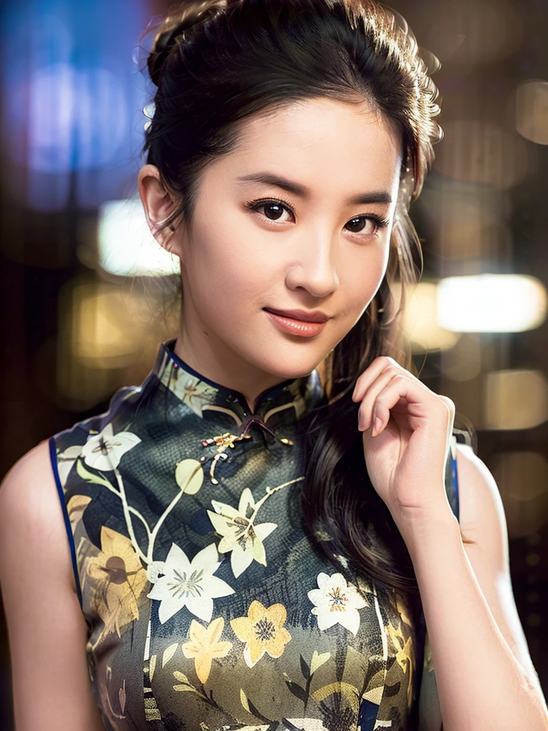 LYF@SEAN, (wearing sleeveless, floral print, cheongsam:1.6), looking at viewer, (hair bun:1.2) ,(RAW photo, best quality), (realistic, photo-realistic:1.4), masterpiece, an extremely delicate and beautiful, extremely detailed, 2k wallpaper, Amazing, finely detail, extremely detailed CG unity 8k wallpaper, ultra-detailed, highres, soft light, beautiful detailed girl, extremely detailed eyes and face, beautiful detailed nose, beautiful detailed eyes,cinematic lighting,city lights at night,perfect anatomy,slender body,smiling <lora:Liuyifei_v1:0.8>