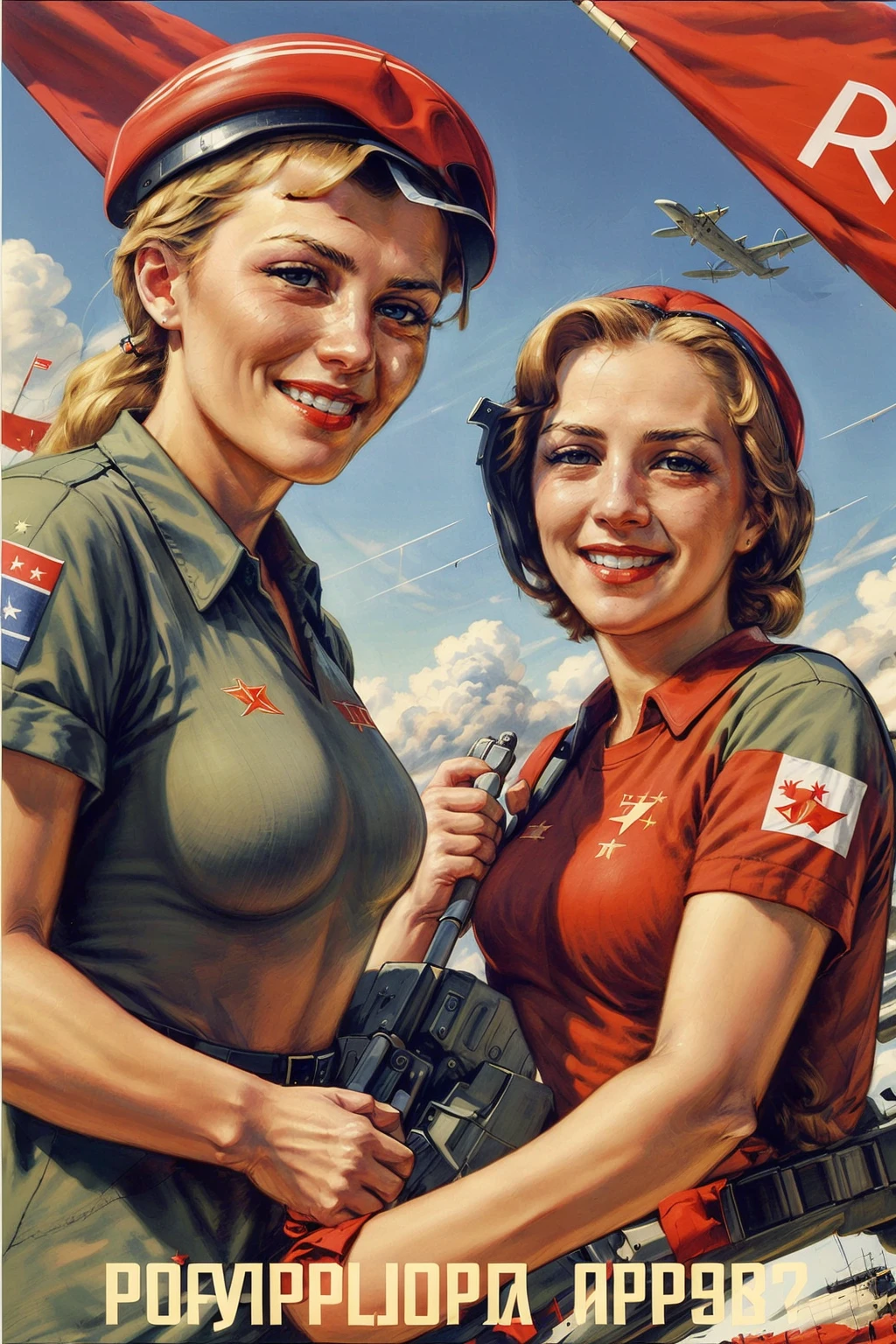 (best quality:1.2), military, blond women with flag, red t-shirt with soviet sign, soviet union, crowd, smiling, sky and cloud with plane, <lora:soviet-poster:0.7>, <lora:more_details:0.5>