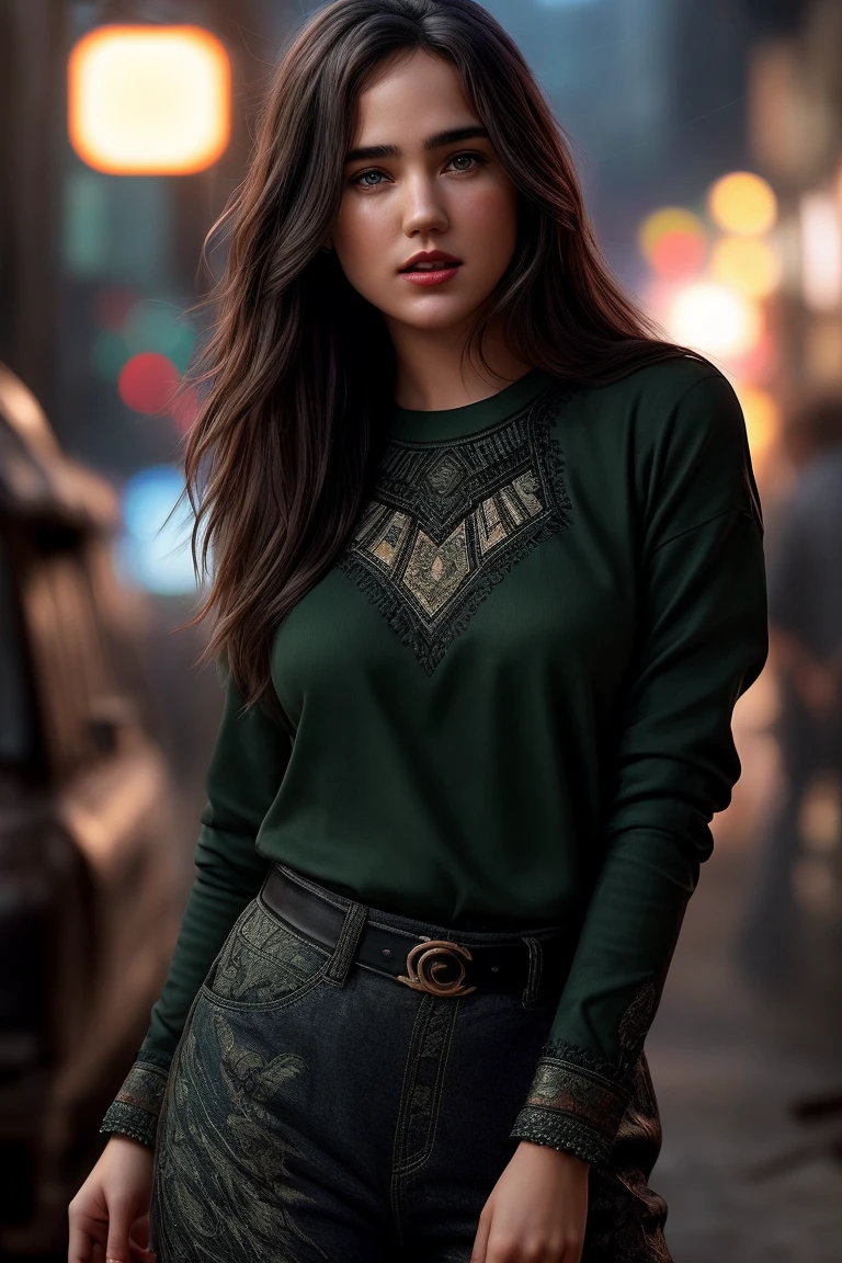 photo of extremely sexy (jenn1f1850:0.99), a woman as a sexy movie star, (closeup portrait:1.2), modelshoot style, (extremely detailed CG unity 8k wallpaper), photo of the most beautiful artwork in the world, professional majestic oil painting by Ed Blinkey, Atey Ghailan, Studio Ghibli, by Jeremy Mann, Greg Manchess, Antonio Moro, trending on ArtStation, trending on CGSociety, Intricate, High Detail, Sharp focus, dramatic, photorealistic painting art by midjourney and greg rutkowski, (tight long sleeve shirt:1.2), (long trousers), ((crowded slums street)), (looking at viewer:1.2), (detailed pupils:1.3), (red lips), (eyeliner)