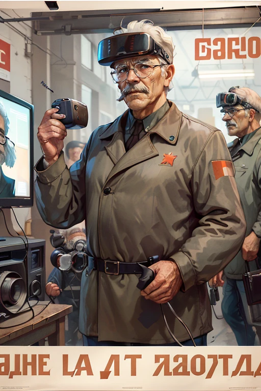 (best quality:1.2), old man with vr glasses, future, ussr, poster, tv in background,  <lora:soviet-poster:0.7>