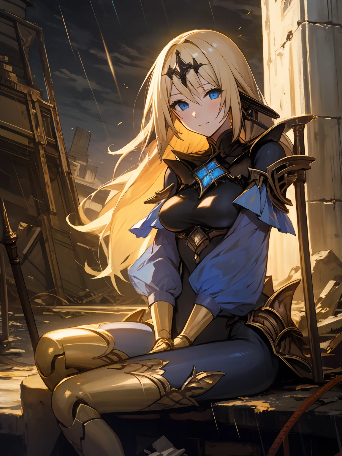 masterpiece,best quality,highres,cinematic lighting,dramatic angle,<lora:ShadowverseTetraV3-000018:0.75> ,1girl,blond hair,long hair,hair ornament,blue eyes,smile,looking at viewer,rain,in ruins,black bodysuit,blue sleeves,armor,gold-trimmed,cowboy shot,breastplate,gold gloves,see-through,mecha musume,sitting,adjusting hair,weapon,staff putting aside