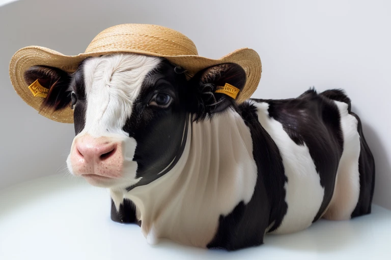 <lora:MilkAndHoney2:0.9>(little cow lying in milkandhoney:1.2), (wearing a straw hat:1.2), 8k high definition, high detail, highest quality, masterpiece, best quality, perfect lighting, cinematic lighting, (sharp focus:1.2), HDR, beauty, ultra-detailed, amazing, eos