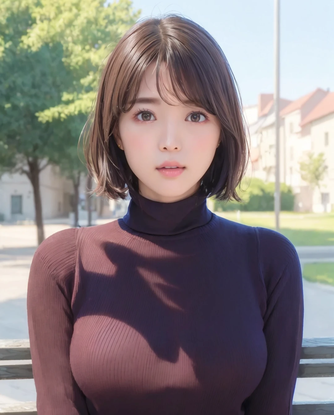 pureerosface_v1:0.3, best quality, photorealistic, 8k, high res, full color, 1girl, woman, 20 years old woman, closed mouth, (skindentation), (portrait:0.6), trees, park bench, daylight, ((park background:1.52)), full color, ((necksweater:1.68)), looking at viewer:1.8, (1girl eyes looking at viewer:1.55), (medium-length hair, brownhair, partedbangs:1.45), (bokeh), <lora:AAV-tsukasa:0.65>