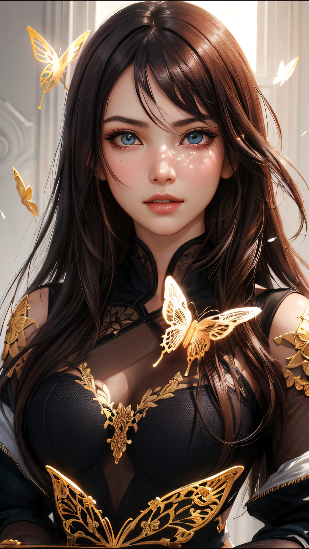 (Perfect face) 8k portrait of beautiful cyborg with brown hair, intricate, elegant, highly detailed, majestic, digital photography, art by artgerm and ruan jia and greg rutkowski surreal painting gold butterfly filigree, broken glass, (masterpiece, sidelighting, finely detailed beautiful eyes: 1.2), hdr, <lora:more_details:0.2>