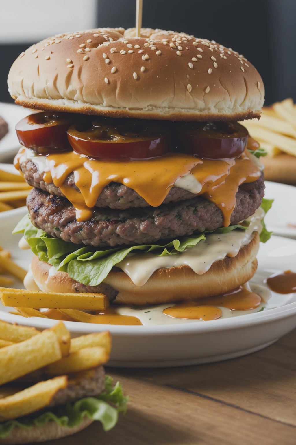 Photo of a burger with cheese from food photograph, food photography, photorealistic, ultra realistic, maximum detail, foreground focus, recipes.com, epicurious, instagram, 8k, volumetric light, cinematic, octane render, uplight, no blur, depth of field, dof, bokeh