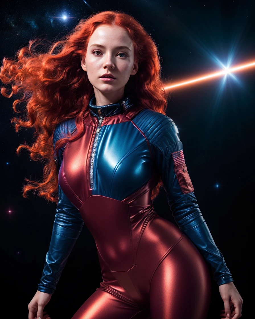 photo RAW,(young_woman, dynamic pose, (space_suit), fluid movement, light trail, small breasts, long wave red hair, analog style, detailed skin, matte skin, subsurface scattering, Burgundy and dark_blue colors), masterpiece, award winning photography, lighting, perfect composition, high detail, hyper realistic,dramatic lighting, epic