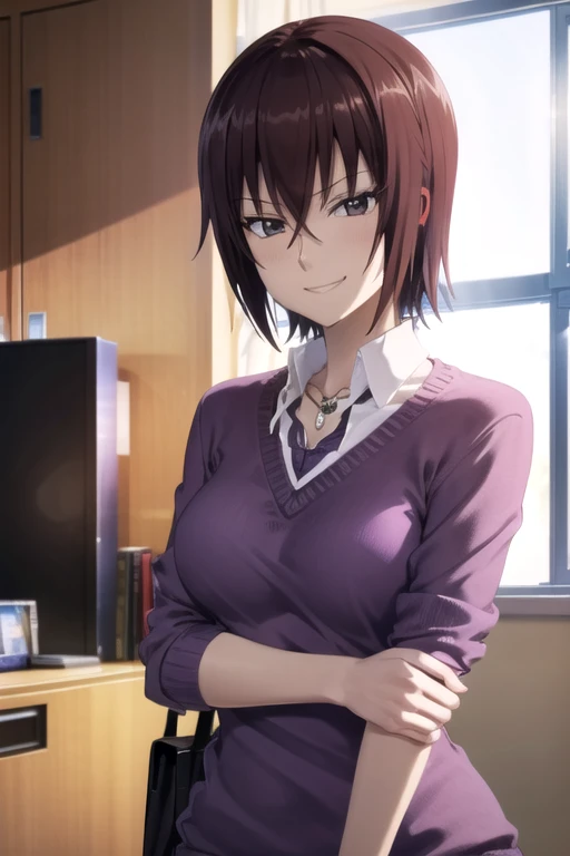 (extremely detailed CG unity 8k wallpaper), (masterpiece), (best quality), (ultra-detailed), (best illustration), (best shadow), (absurdres), 1girl, solo, <lora:yokoshima:0.8>, naruko yokoshima, necklace, looking at viewer, smirk, smile, (purple sweater:1.2), short sleeves, white collared shirt