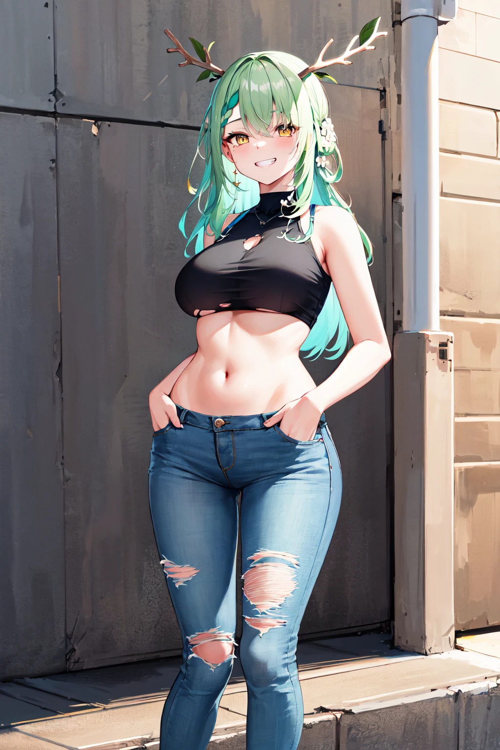 masterpiece, best quality, highres, hmcf, long hair, antlers, branch, braided bangs, hair flower, yellow eyes, <lora:ceres_fauna_v2:0.7>, crop top, halterneck, sleeveless, underboob, torn_jeans, hands in pockets, grin, street,