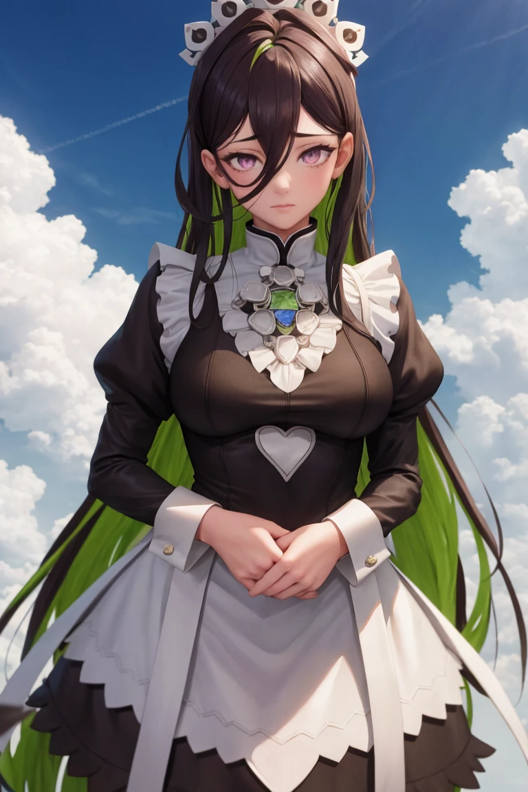 masterpiece, best quality, <lora:guilty-nikke-richy-v5:1>, guilty \(nikke\), 1girl, solo, standing <lora:FEFatesMaid_v1:1> fates maid, maid headdress, two-tone hair, green hair, purple eyes,