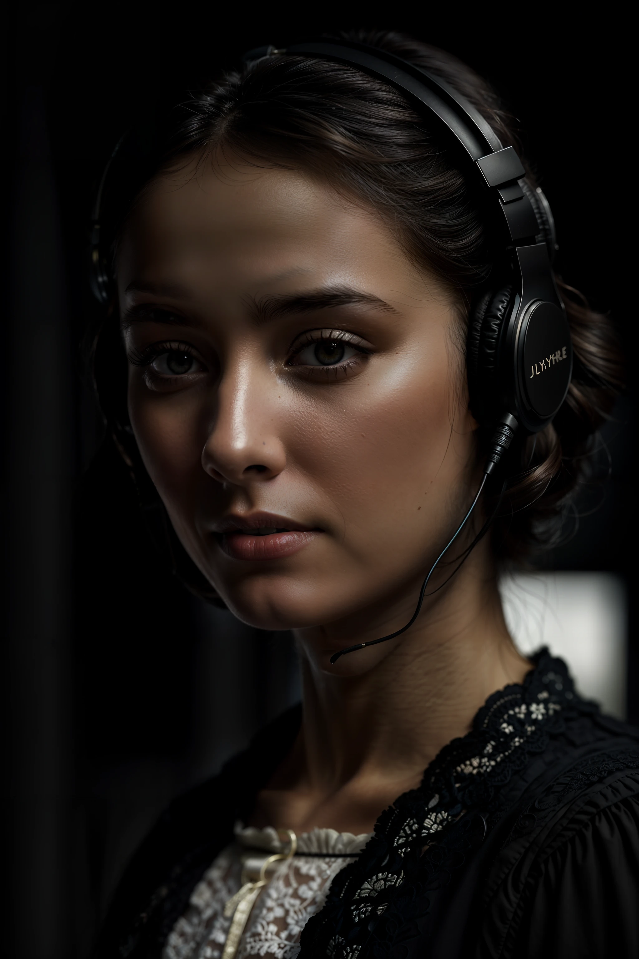 Jane Eyre with headphones, natural skin texture, 24mm, 4k textures, soft cinematic light, adobe lightroom, photolab, hdr, intricate, elegant, highly detailed, sharp focus, ((((cinematic look)))), soothing tones, insane details, intricate details, hyperdetailed, low contrast, soft cinematic light, dim colors, exposure blend, hdr, faded