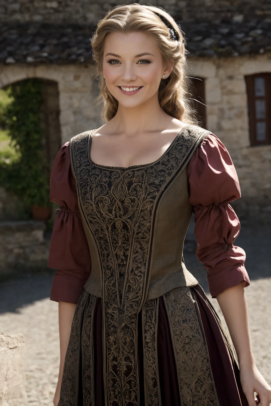fine art photo of sks woman, medieval dress, in a village, smiling, happy
 <lora:lora_natalie_v1_from_v1_160:1>