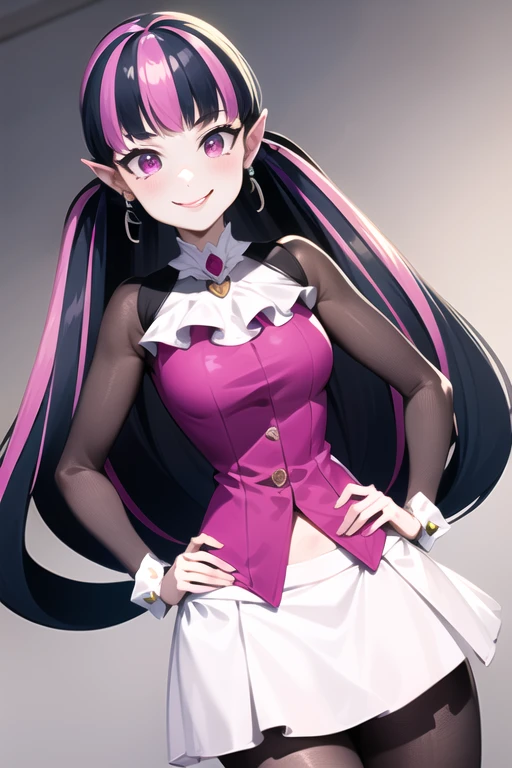 ((masterpiece,best quality)), absurdres,
<lora:Draculaura_v3-10:0.8>, draculaura_mh, hands on hips, smiling,
Dutch angle, wide hips,