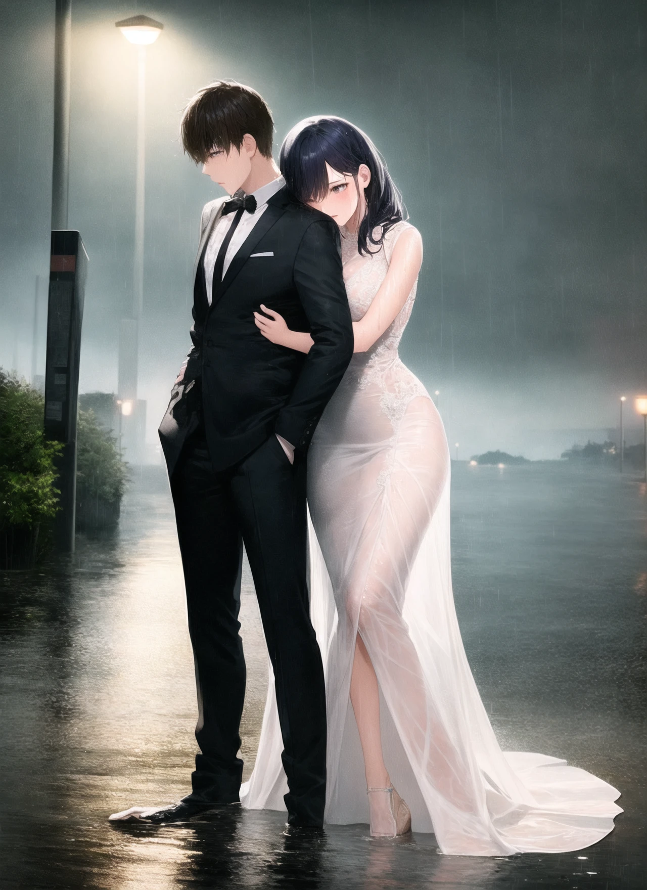 1girl,1boy,  hug from behind, long dress, formal, heavy rain, storm, soaking wet, outdoors, volumetric lighting, full body,  flood