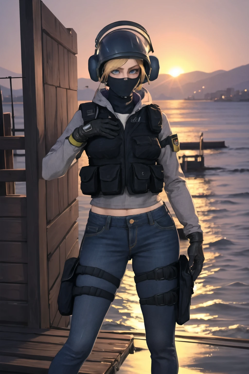 (masterpiece, best quality:1.2), <lora:iq_(rainbow_six_siege):.9>, iq (rainbow six siege), 1girl, solo, breasts, gloves, mask, helmet, pants, police, bulletproof vest, holster, police uniform, blue pants, vest, uniform, walkie-talkie, black gloves, denim, long sleeves, thigh holster, outdoors, blonde hair, blue eyes, short hair, standing at the edge of a pier, sunset reflecting on the water, peaceful
