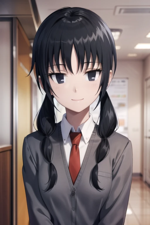 (extremely detailed CG unity 8k wallpaper), (masterpiece), (best quality), (ultra-detailed), (best illustration), (best shadow), (absurdres), 1girl, solo, <lora:uomi:0.8>, chihiro uomi, school uniform, grey jacket, necktie, looking at viewer, smile, v arms