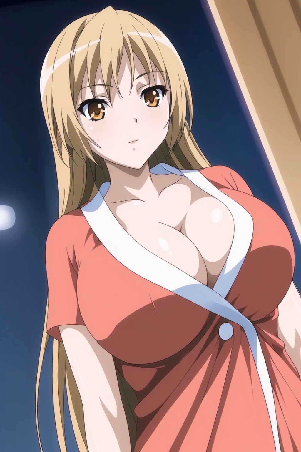 (Night:1.7), Japan, Tokyo, CityView, Before Window,
Standing at attention,
Red short dress,cleavage,
<lora:Riko_Ichinose_Ran_Sem-KK77-V1:0.7>,collarbone,
brown eyes, long hair,blonde hair,Bangs,
1 girl, 20yo,Young female,Beautiful Finger,Beautiful long legs,Beautiful body,Beautiful Nose,Beautiful character design, perfect eyes, perfect face,expressive eyes,
looking at viewer, in the center of the image,(Upper_body),(Focus on her face),(light_smile:0.5),
official art,extremely detailed CG unity 8k wallpaper, perfect lighting,Colorful, Bright_Front_face_Lighting,shiny skin,
(masterpiece:1.0),(best_quality:1.0), ultra high res,4K,ultra-detailed,
photography, 8K, HDR, highres, absurdres:1.2, Kodak portra 400, film grain, blurry background, bokeh:1.2, lens flare, (vibrant_color:1.2)
(Beautiful,large_Breasts:1.4), (beautiful_face:1.5),(narrow_waist),