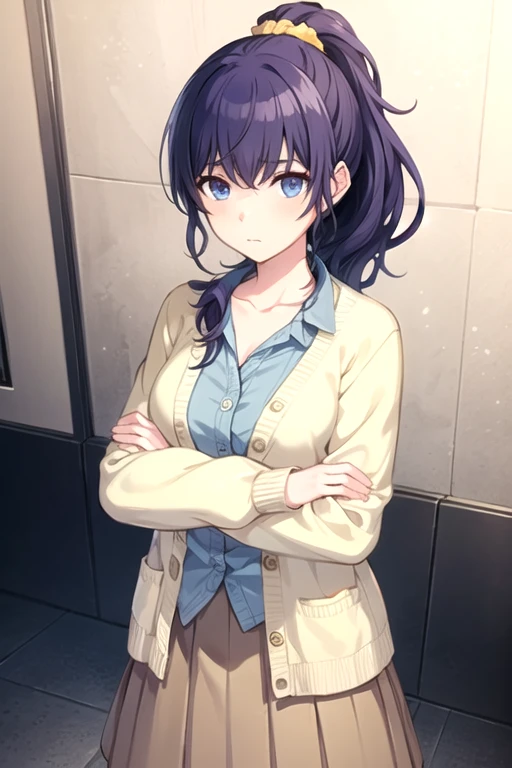 amafuyu, 1girl, solo, long hair, looking at viewer, blue eyes, skirt, shirt, hair ornament, long sleeves, closed mouth, standing, collarbone, ponytail, purple hair, buttons, expressionless, crossed arms, scrunchie, cardigan, high ponytail,  hair scrunchie, long skirt, yellow skirt, blue cardigan<lora:AsahinaMafuyu:0.5>