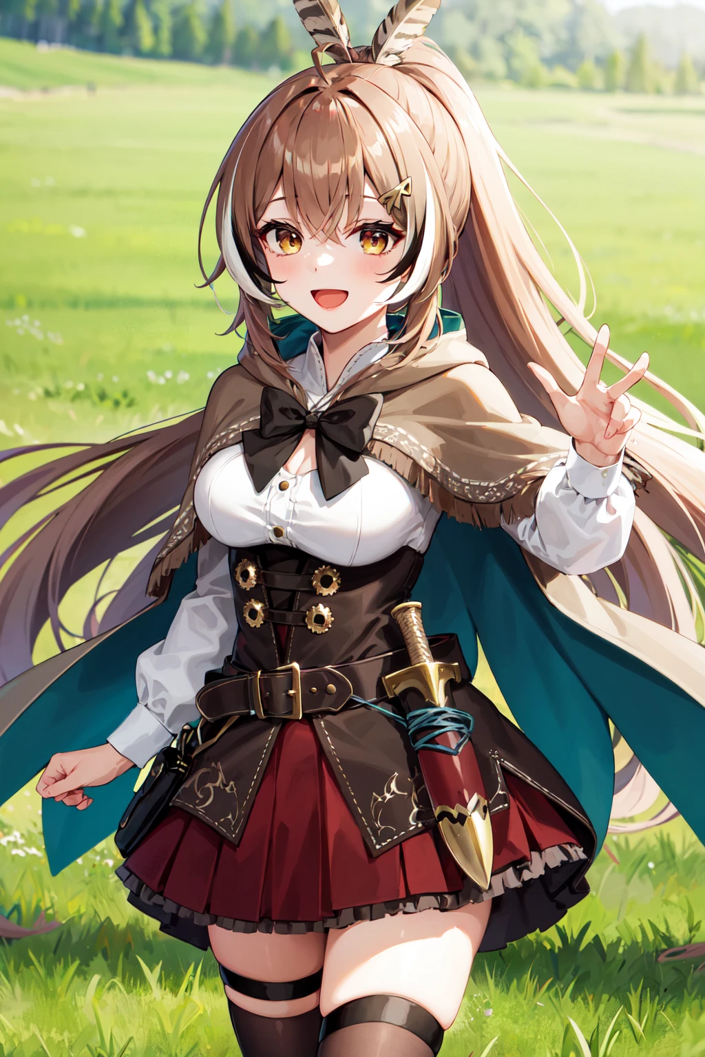 masterpiece, best quality, highres, aamumei, very long hair, ponytail, ahoge, multicolored hair, feather hair ornament, hairclip, white shirt, brown corset, dagger, belt, red skirt, thigh strap, single kneehigh, single thighhighs, brown cloak, cape, capelet, brown bow, <lora:nanashi_mumei_v1:0.8>, cowboy shot, standing, outdoors, filed, grass, smile, open mouth