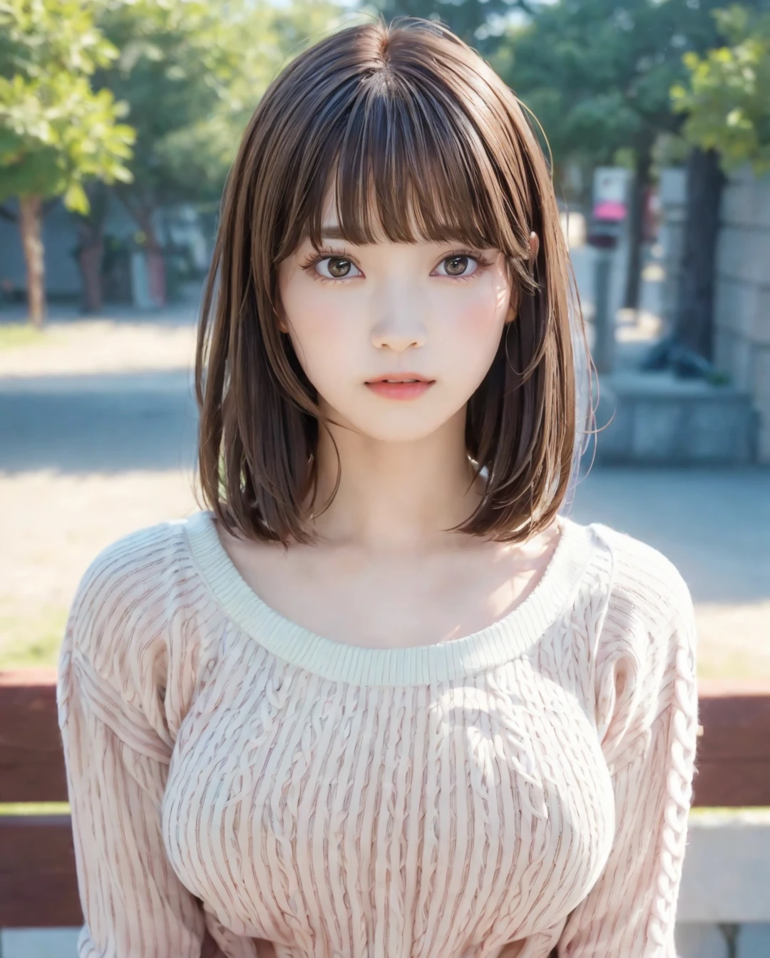 pureerosface_v1:0.3, best quality, photorealistic, 8k, high res, full color, 1girl, woman, 20 years old woman, (skindentation), (portrait:0.6), trees, park bench, daylight, ((park background:1.52)), full color, ((necksweater:1.68)), looking at viewer:1.8, (1girl eyes looking at viewer:1.55), (short-length hair, brownhair, partedbangs:1.45), (bokeh), <lora:AAG-nashiko:0.7>