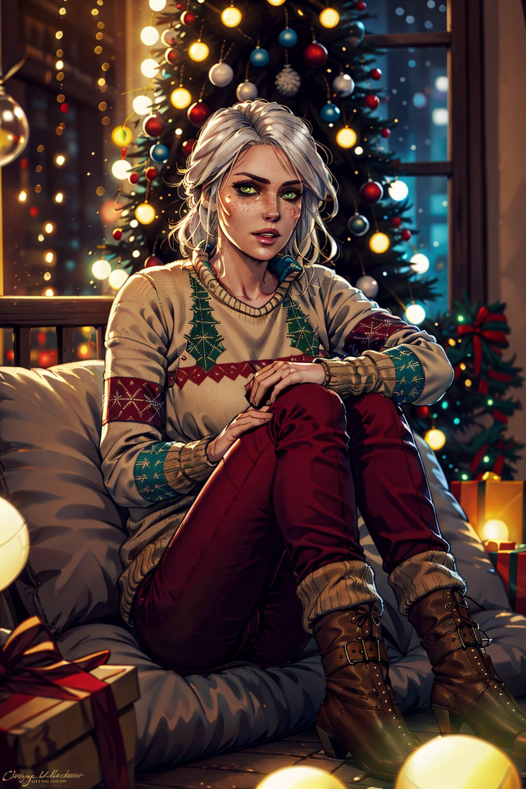 (masterpiece, best quality:1.2), <lora:ciri-18V2:0.7>, ciriW3_soul3142, 1girl, solo, looking at viewer, white hair,  green eyes, parted lips, pants, sitting, christmas, freckles, sweater, brown pants, christmas tree, christmas lights