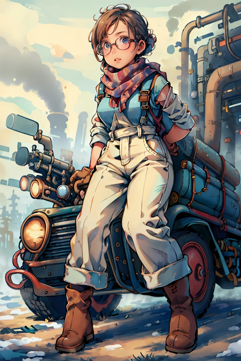 manypipesai, a beautiful portrait of 1 girl as a scientist working in a laboratory, glasses, overalls, triangle scarf, work gloves, boots,  arms crossed, leans against a vehicle,
best quality, masterpiece, intricate details, (photo realistic:1.4), dream-like, <lora:SteamPunkBundleV3:1>
