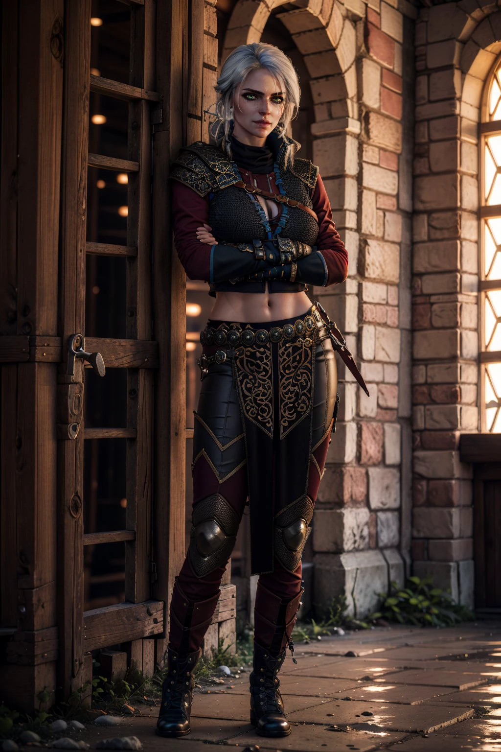 (masterpiece, best quality:1.2), <lora:ciri-18V2:0.7>, ciriW3_soul3142, 1girl, solo, medium hair, breasts, looking at viewer, green eyes, white hair, gloves, jacket, armor, full body, boots, midriff, fingerless gloves, crossed arms,