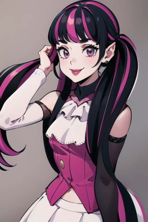 ((masterpiece,best quality)), absurdres,
<lora:Draculaura_v3-10:1>, draculaura_mh, white skirt, smile, adjusting hair, black sleeves,