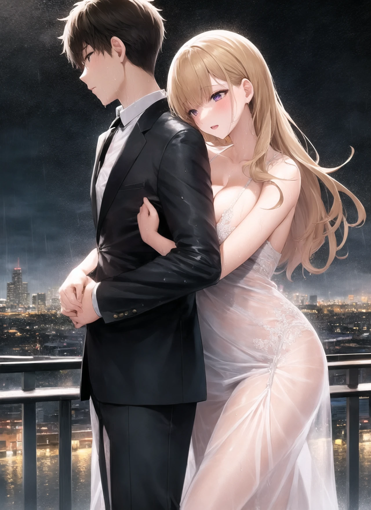 1girl,1boy, hug from behind, long dress, formal, heavy rain, storm, soaking wet, outdoors, cityscape, side view,cleavage,see-through