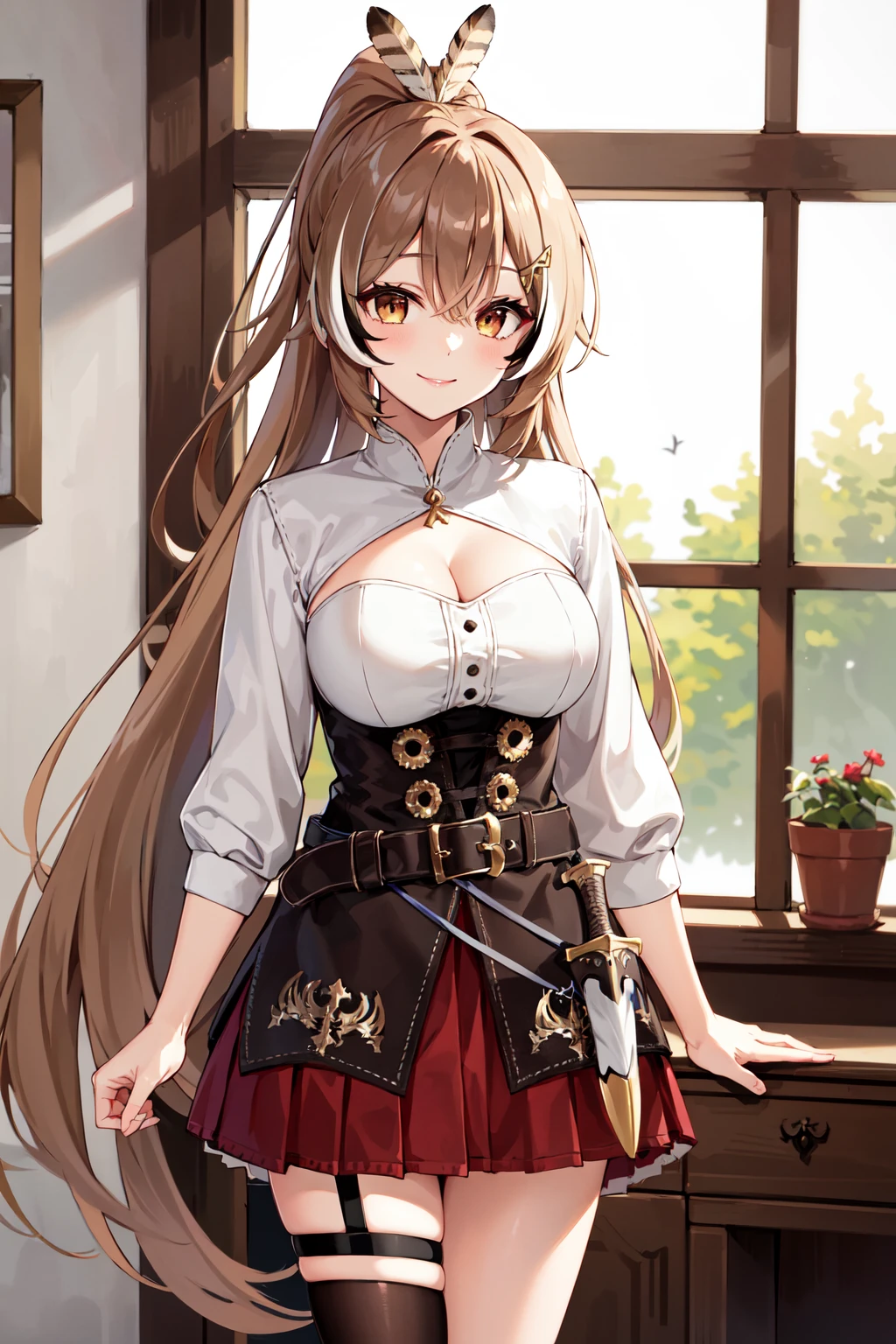 masterpiece, best quality, highres, aamumei, very long hair, ponytail, ahoge, multicolored hair, feather hair ornament, hairclip, white shirt, brown corset, dagger, belt, red skirt, thigh strap, single kneehigh, single thighhighs, cleavage cutout, <lora:nanashi_mumei_v1:0.8>, indoors, window, smile, cowboy shot, standing