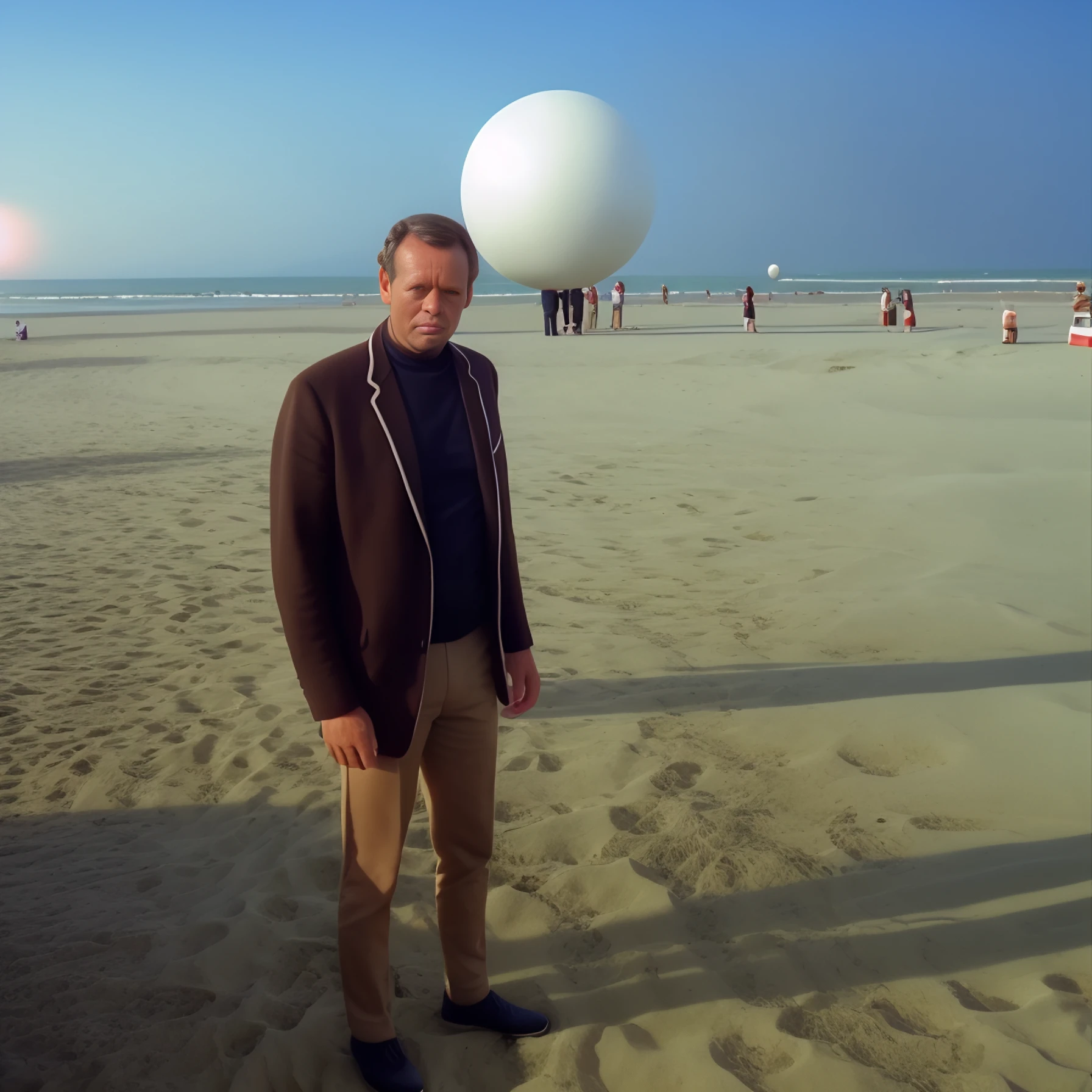 number-six standing on the beach with a giant white ball behind him withLora(n47-v1-prisoner-number-six,0.75)