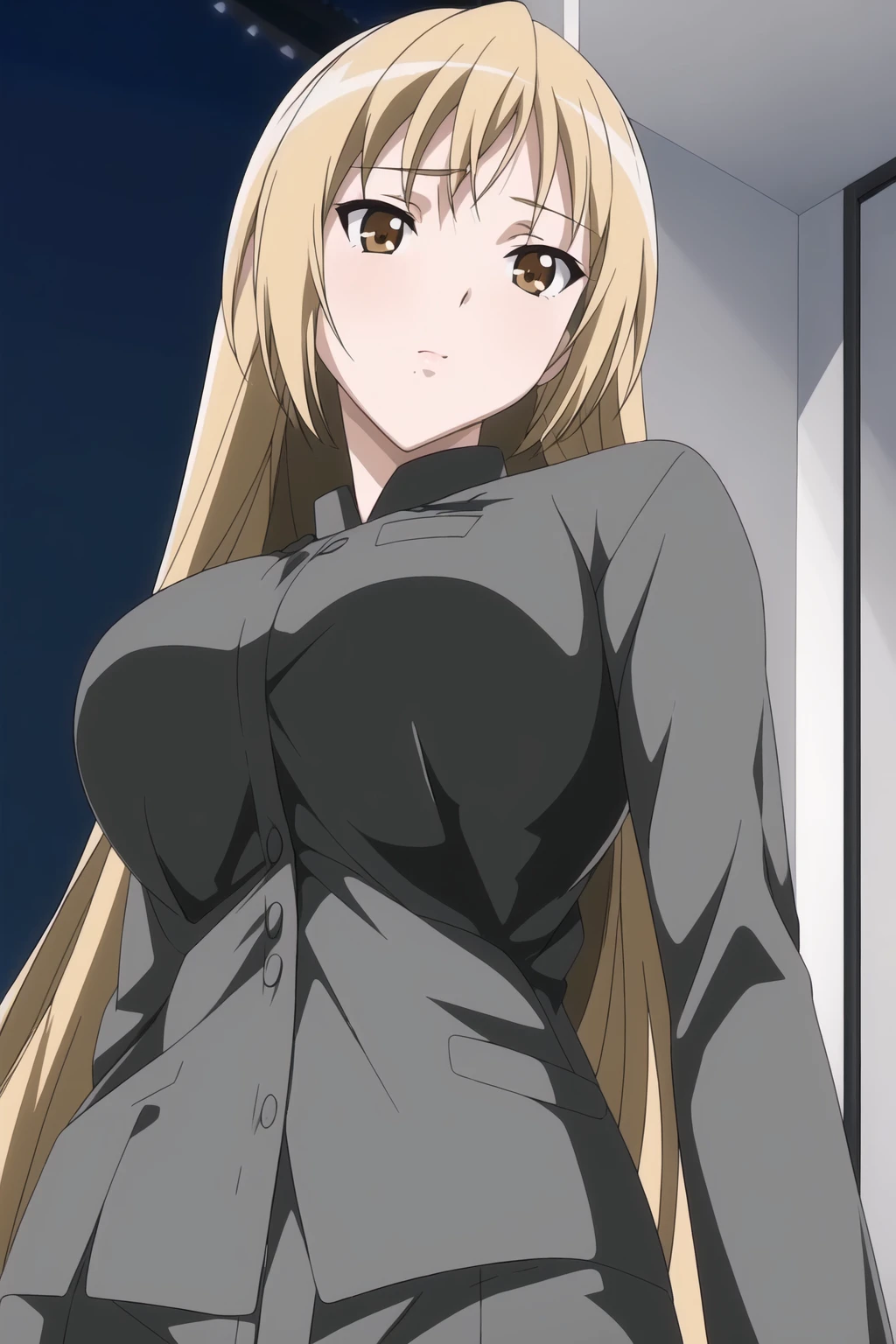 (Night:1.7), Japan, Tokyo, CityView, Before Window,
Standing at attention,
Grey uniform, Shirt, long sleeves , Pants,
<lora:Riko_Ichinose_Ran_Sem-KK77-V1:0.7>,
brown eyes, long hair,blonde hair,
1 girl, 20yo,Young female,Beautiful Finger,Beautiful long legs,Beautiful body,Beautiful Nose,Beautiful character design, perfect eyes, perfect face,expressive eyes,
looking at viewer, in the center of the image,(Upper_body),(Focus on her face),(light_smile:0.5),
official art,extremely detailed CG unity 8k wallpaper, perfect lighting,Colorful, Bright_Front_face_Lighting,shiny skin,
(masterpiece:1.0),(best_quality:1.0), ultra high res,4K,ultra-detailed,
photography, 8K, HDR, highres, absurdres:1.2, Kodak portra 400, film grain, blurry background, bokeh:1.2, lens flare, (vibrant_color:1.2)
(Beautiful,large_Breasts:1.4), (beautiful_face:1.5),(narrow_waist),