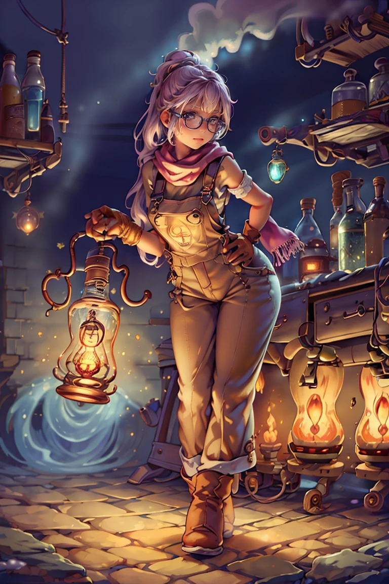 GasLampFantasyAI, a beautiful portrait of 1 girl as a scientist working in a laboratory, glasses, overalls, triangle scarf, work gloves, boots,  arms crossed, leans against a vehicle,
best quality, masterpiece, intricate details, (photo realistic:1.4), dream-like, <lora:SteamPunkBundleV3:1>