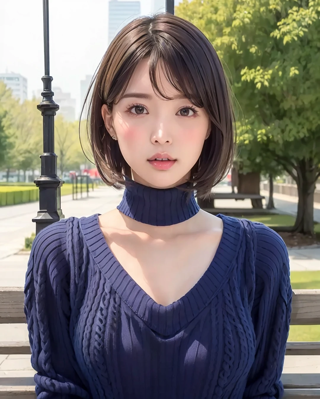 pureerosface_v1:0.3, best quality, photorealistic, 8k, high res, full color, 1girl, woman, 20 years old woman, closed mouth, (skindentation), (portrait:0.6), trees, park bench, daylight, ((park background:1.52)), full color, ((necksweater:1.68)), looking at viewer:1.8, (1girl eyes looking at viewer:1.55), (medium-length hair, brownhair, partedbangs:1.45), (bokeh), <lora:AAV-tsukasa:0.65>