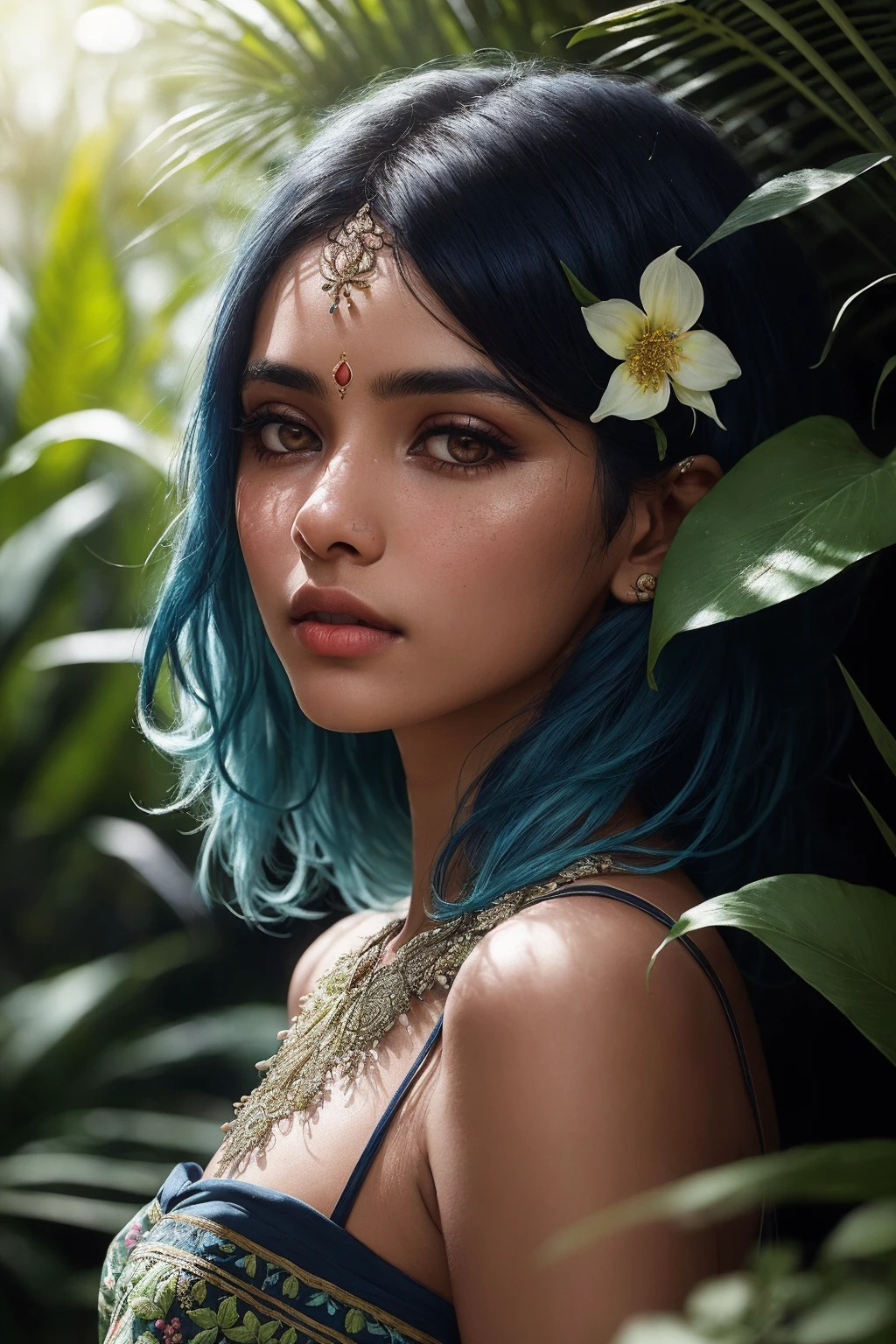 fashion photography portrait of indian girl with blue hair, in lush jungle with flowers, 3d render, cgi, symetrical, octane render, 35mm, bokeh, 9:16, (intricate details:1.12), hdr, (intricate details, hyperdetailed:1.15), (natural skin texture, hyperrealism, soft light, sharp:1.2), detailed, sunlight passing through foliage