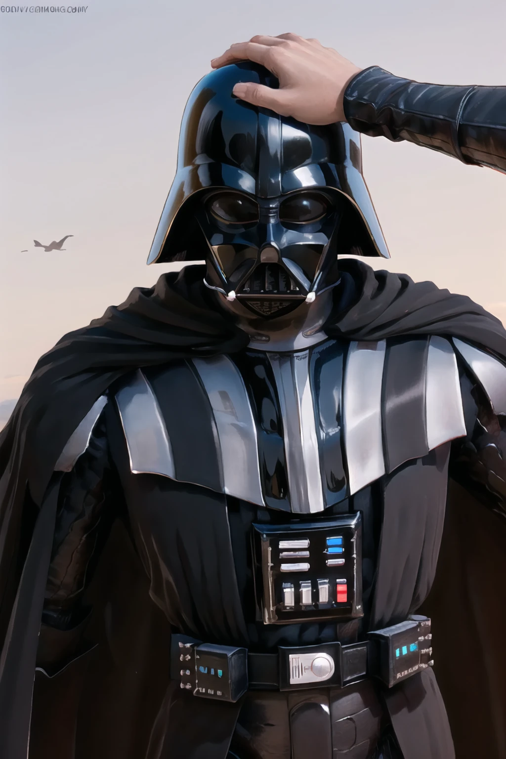 Highly detailed, High Quality, Masterpiece, beautiful, HeadpatPOV, pov, <lora:HeadpatPOV:1>, 1boy, solo, darth vader, Black_outfit,hood, hood_up, darth vader helmet,cape,armor, shoulder armor, <lora:Char_Sigmas_DarthVader:0.7>