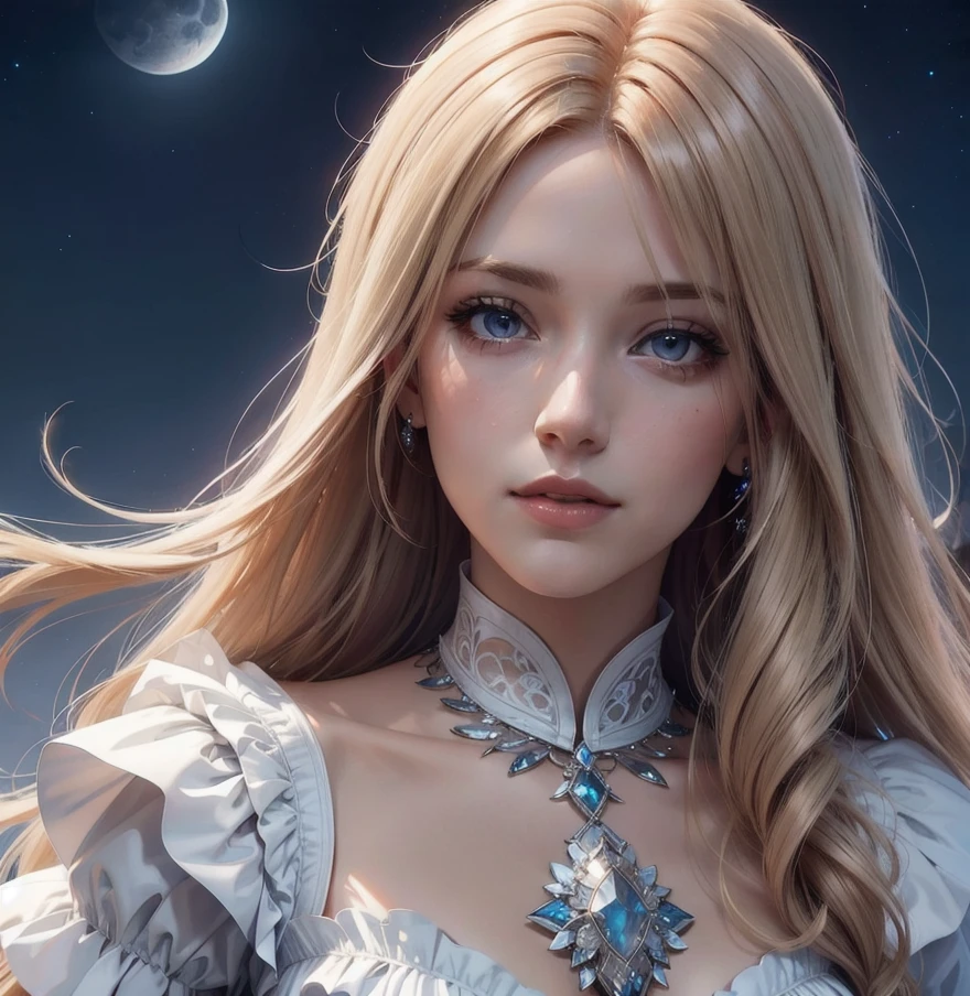 （Best quality，Ultra - details，best illustration，best shadow，the masterpiece，a high resolution，Professional illustrations，famous works of art），detailed eyes，beautiful eyes，Cleavage close up，Sci-fi，colored sclera，robot eyes，marks on the face，Tattooed with，（fractalized，fractal eyes），big eyes，Eyes wide open，（eye focus），focus on the face，cosmic eyes，cosmic eyes，Close-up of a metal sculpture of a woman with the moon in her hair，welcome。Extremely high detail，3D Portrait Goddesses，Extremely detailed depictions of the goddess，stunning portrait of a goddess，Side image of the goddess，Portrait of a beautiful goddess，Full length portrait of the goddess.，The goddess Hekta，Portrait of the Scandinavian moon goddess，Goddess of space and time