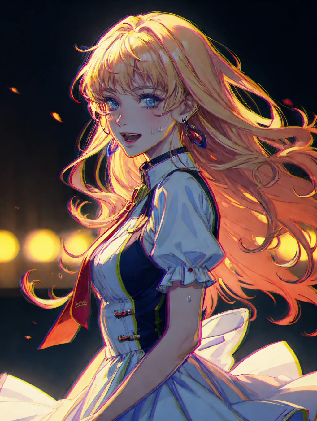 absurdres, higres, ultra detailed, raytracing, 8k, official wallpaper, sharp focus, ultra detailed eyes,
solo, from side, cowboy shot,
<lora:macrossfrontier_nome-08:1> sheryl nome, looking at viewer, singing, dress, earrings, sweat, space, bouncing hair, smile,
cinematic lighting, depth of field, HDR, RAW photo, ray tracing,
<lora:chromatic_aberration_narrow_v10:1>