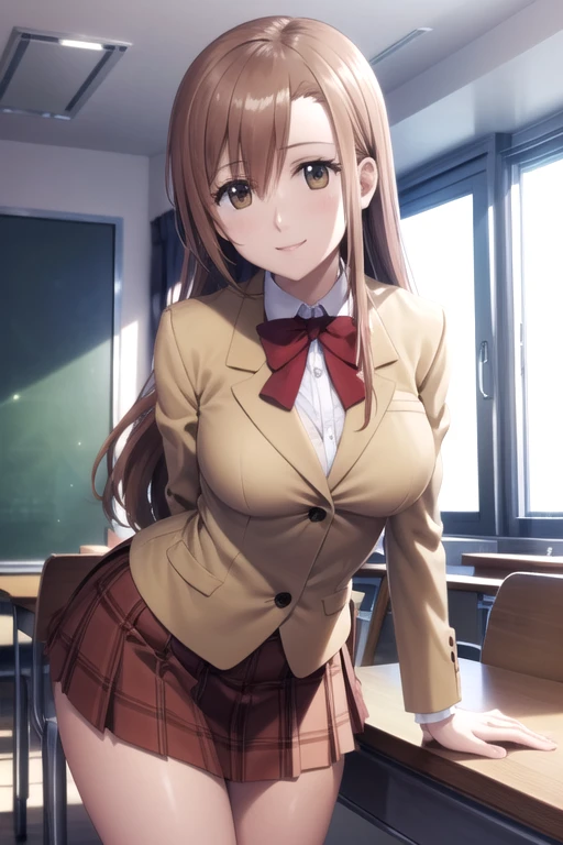 (extremely detailed CG unity 8k wallpaper), (masterpiece), (best quality), (ultra-detailed), (best illustration), (best shadow), (absurdres), 1girl, solo, <lora:aria:0.8>, aria shichijou, school uniform, looking at viewer, smile, arms behind back, leaning forward