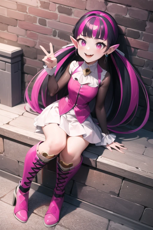 ((masterpiece,best quality)), absurdres,
<lora:Draculaura_v3-10:0.8>, draculaura_mh, white skirt, , pink knee boots,
happy