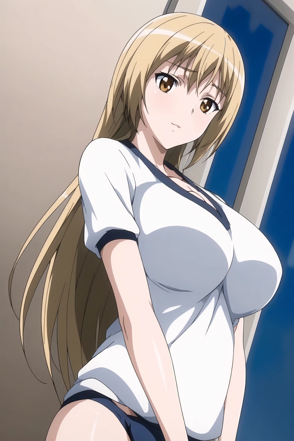 (Night:1.7), Japan, Tokyo, CityView, Before Window,
Standing at attention,
buruma,gym uniform,blue and white shirt,
<lora:Riko_Ichinose_Ran_Sem-KK77-V1:0.7>,collarbone,
brown eyes, long hair,blonde hair,Bangs,
1 girl, 20yo,Young female,Beautiful Finger,Beautiful long legs,Beautiful body,Beautiful Nose,Beautiful character design, perfect eyes, perfect face,expressive eyes,
looking at viewer, in the center of the image,(Upper_body),(Focus on her face),(light_smile:0.5),
official art,extremely detailed CG unity 8k wallpaper, perfect lighting,Colorful, Bright_Front_face_Lighting,shiny skin,
(masterpiece:1.0),(best_quality:1.0), ultra high res,4K,ultra-detailed,
photography, 8K, HDR, highres, absurdres:1.2, Kodak portra 400, film grain, blurry background, bokeh:1.2, lens flare, (vibrant_color:1.2)
(Beautiful,large_Breasts:1.4), (beautiful_face:1.5),(narrow_waist),