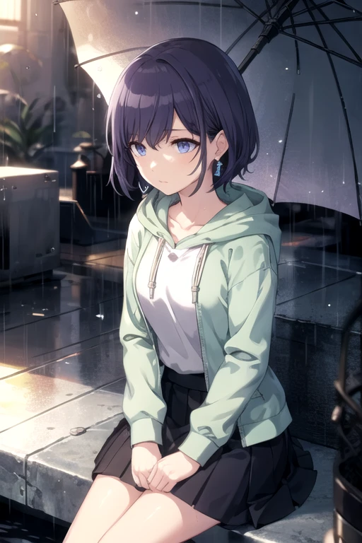 amafuyu, 1girl, solo, short hair, skirt, purple hair, long sleeves, holding, jewelry, sitting, closed mouth, earrings, hood, black skirt, hoodie, umbrella, hood down, rain, holding umbrella, clock, closed umbrella, blue eyes<lora:AsahinaMafuyu:0.5>