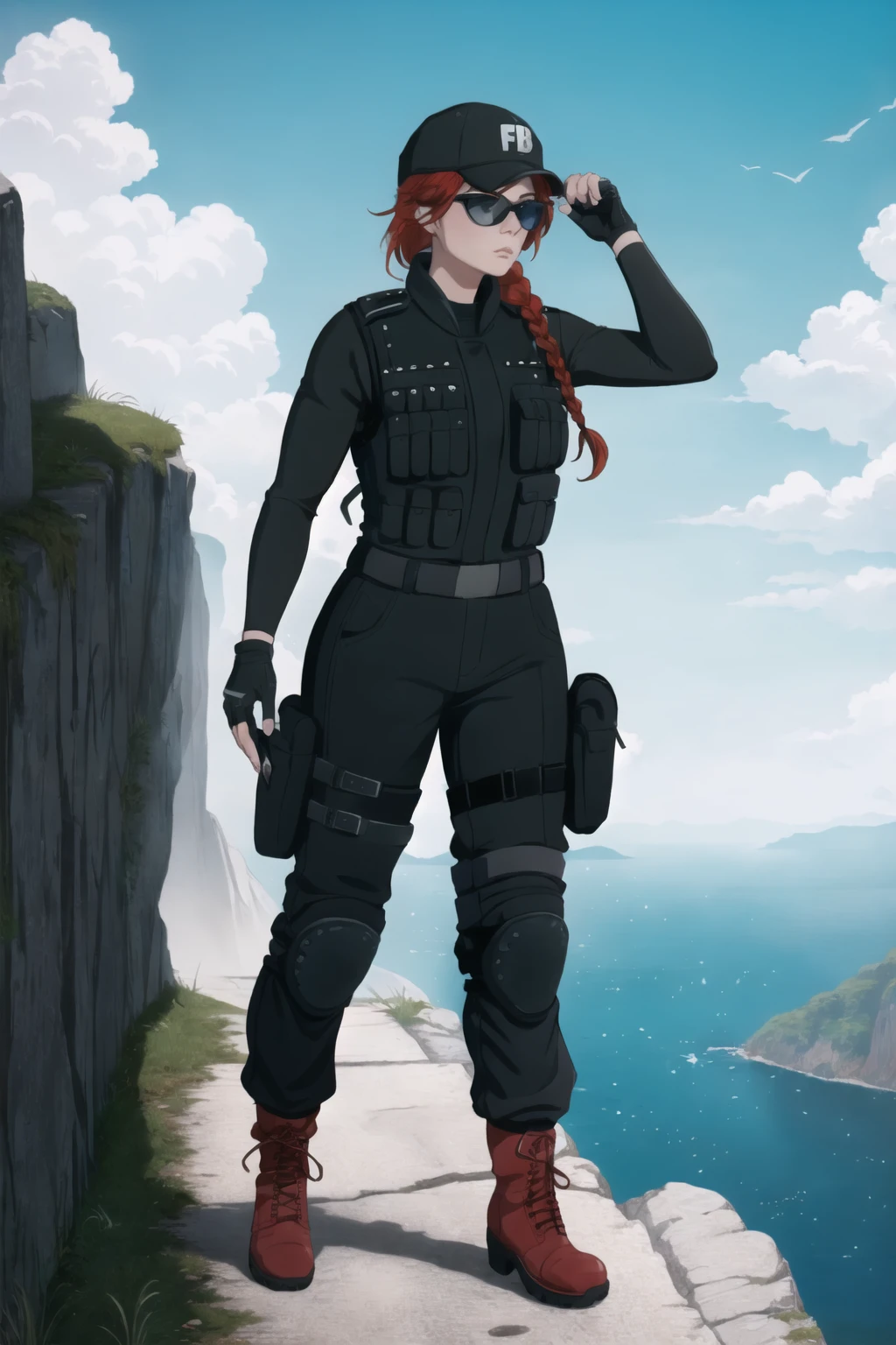 (masterpiece, best quality:1.2), <lora:ash_(rainbow_six_siege):.95>, ash (rainbow six siege), 1girl, solo, hat, gloves, breasts, boots, baseball cap, pants, red hair, knee pads, black gloves, uniform, bulletproof vest, military, single braid, long sleeves, braided ponytail, braid, fingerless gloves, sunglasses, standing on a cliff edge, wind blowing through hair, determined look