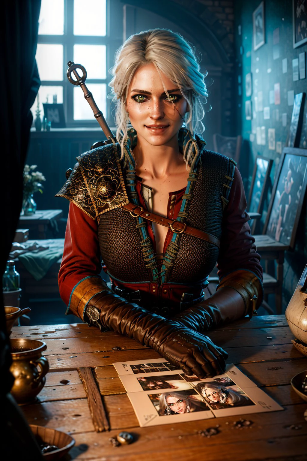 (masterpiece, best quality:1.2), <lora:ciri-18V2:0.7>, ciriW3_soul3142, 1girl, medium hair, looking at viewer, smile, white hair, green eyes, gloves, weapon, indoors, armor, scar, table