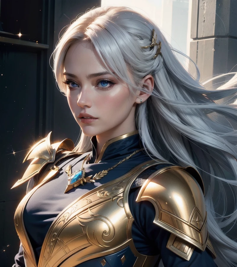 a photography, HD,, photo, woman,realistic, princess warrior, body armor gold, hair white, couple, dramatic lighting, blue sparkle, 8k, hyperrealistic, <lora:hoshino yumemi:1>