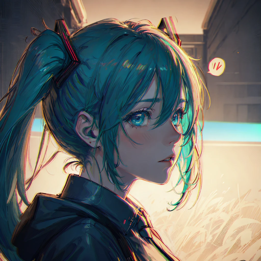 absurdres, higres, ultra detailed, raytracing, 8k, official wallpaper, sharp focus,
portrait, from side,
hatsune miku, looking at viewer, spoken exclamation mark,
cinematic lighting, ultra detailed eyes, depth of field,
<lora:chromatic_aberration_narrow_v10:1>