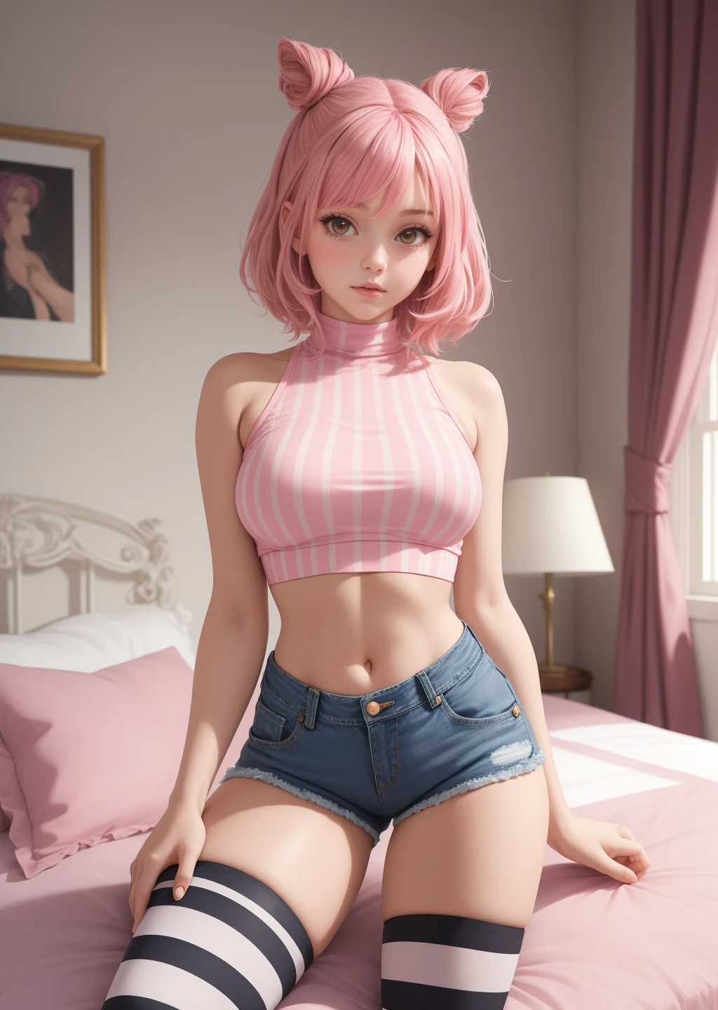 (masterpiece:1.2),(best quality), 1girl, pink hair, crop top, denim shorts, bedroom, striped thighhighs, cute