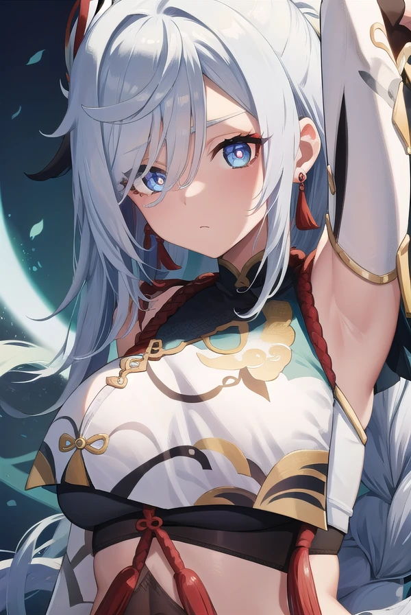 close-up of a woman with white hair and white mask,Belle peinture de personnage,Full body like,Exposed cleavage,Bare thighs,Guviz,Guviz-style artwork,short detailed hair,gentleness,Epic and beautiful character art,Stunning character art,FAN Qi,Wu Zhun Shifan,smile, happy