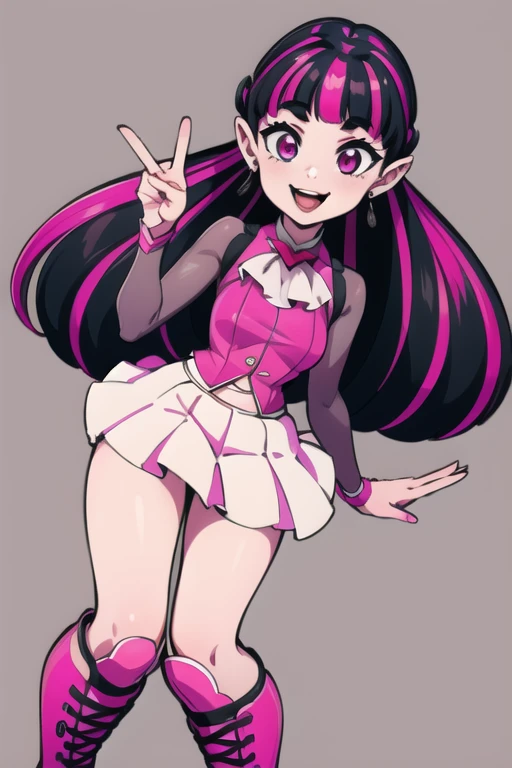 ((masterpiece,best quality)), absurdres,
<lora:Draculaura_v3-10:0.8>, draculaura_mh, white skirt, , pink knee boots, peace sign,
happy